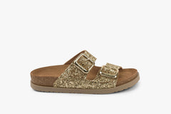 Siena II by LEON– Women’s Leather Sandal- Glitter Double Buckle Slip-on with Cushioned Footbed - Leon Footwear