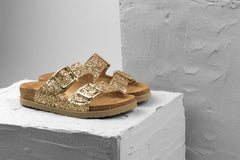 Siena II by LEON– Women’s Leather Sandal- Glitter Double Buckle Slip-on with Cushioned Footbed - Leon Footwear