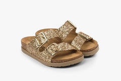 Siena II by LEON– Women’s Leather Sandal- Glitter Double Buckle Slip-on with Cushioned Footbed - Leon Footwear