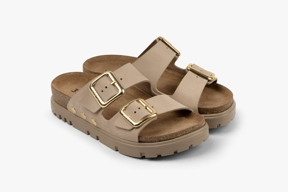 Portofino II by LEON- Women’s Leather Sandal – Double Strap Slide with Cork-style Footbed & Adjustable Buckle - Leon Footwear 