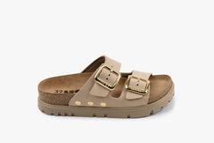 Portofino II by LEON- Women’s Leather Sandal – Double Strap Slide with Cork-style Footbed & Adjustable Buckle - Leon Footwear 