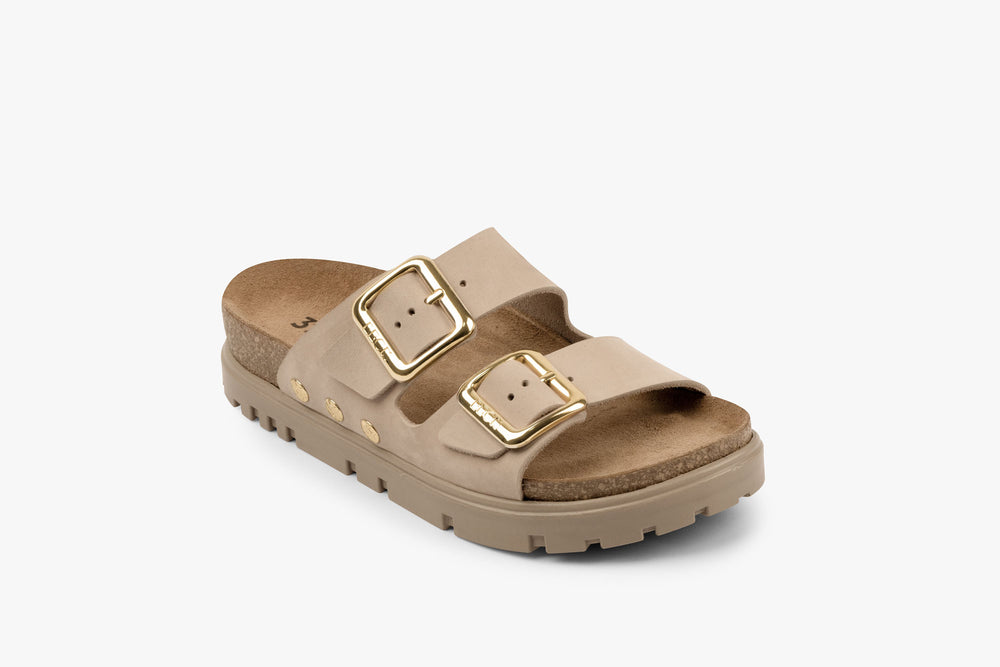 Portofino II by LEON- Women’s Leather Sandal – Double Strap Slide with Cork-style Footbed & Adjustable Buckle - Leon Footwear 