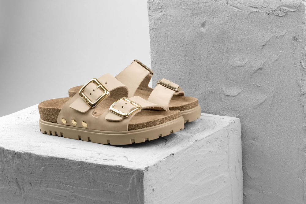 Portofino II by LEON- Women’s Leather Sandal – Double Strap Slide with Cork-style Footbed & Adjustable Buckle - Leon Footwear 