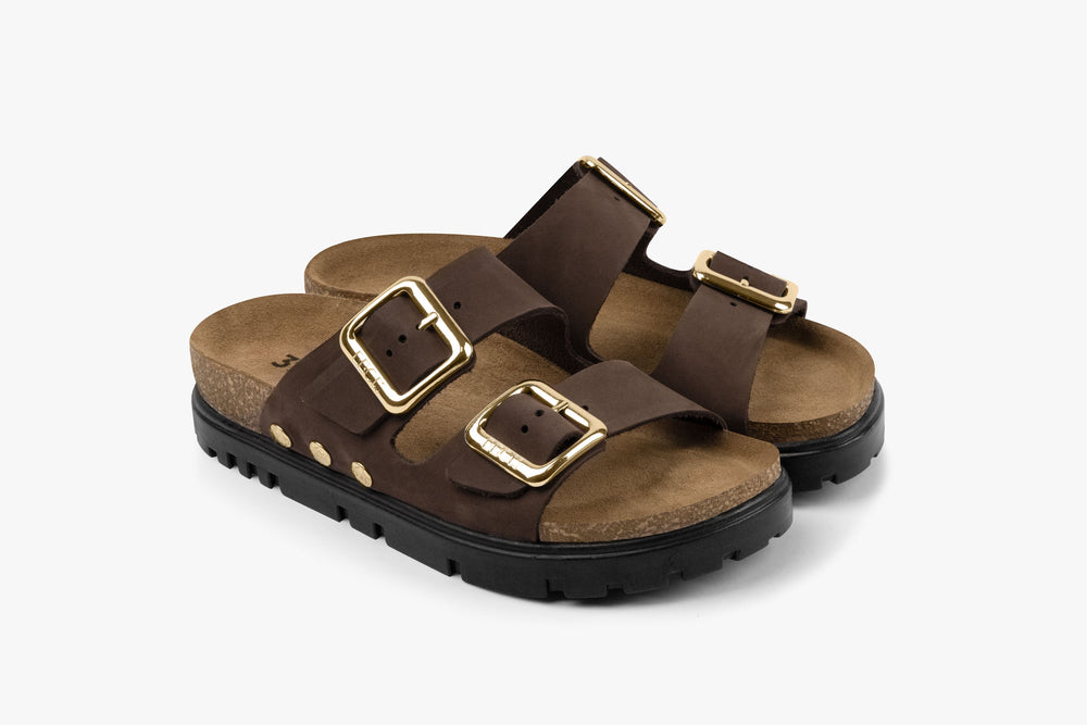 Portofino II by LEON- Women’s Leather Sandal – Double Strap Slide with Cork-style Footbed & Adjustable Buckle - Leon Footwear 