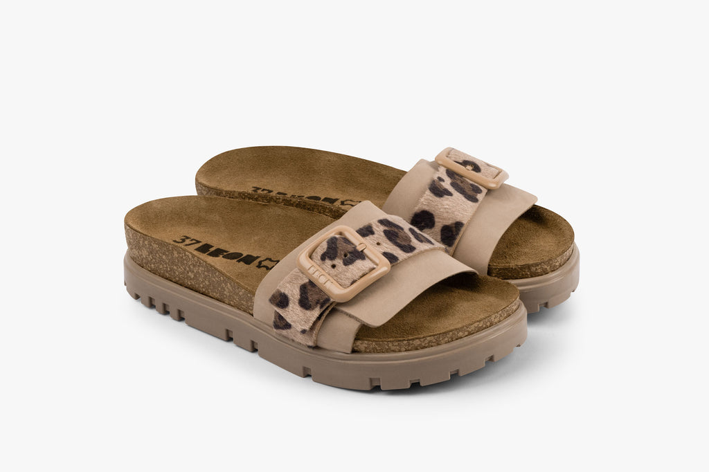 Tessa by LEON- Women’s Leather Sandal – Layered Strap Slide with Cork-style  Footbed Adjustable Buckle