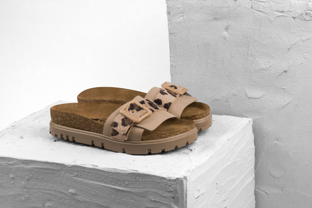 Tessa by LEON- Women’s Leather Sandal – Layered Strap Slide with Cork-style Footbed & Adjustable Buckle - Leon Footwear 