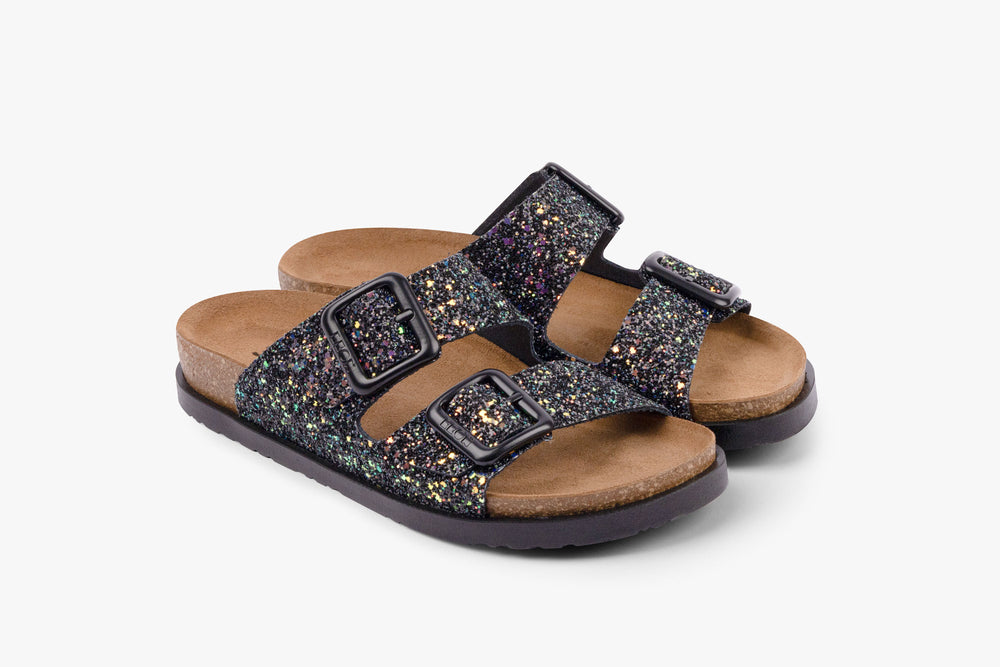 Siena II by LEON– Women’s Leather Sandal- Glitter Double Buckle Slip-on with Cushioned Footbed - Leon Footwear 