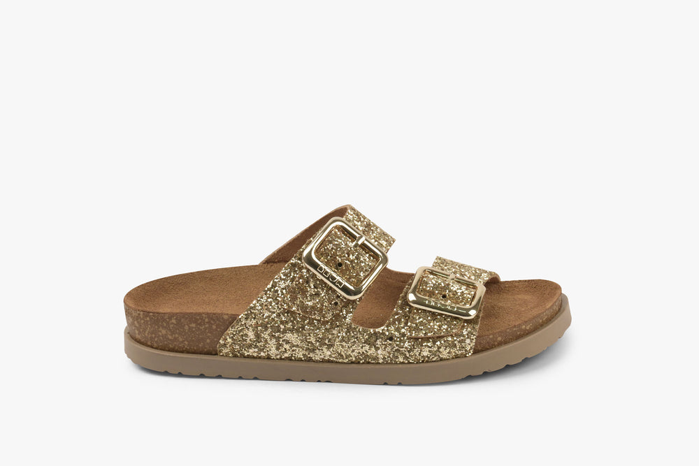 Siena II by LEON– Women’s Leather Sandal- Glitter Double Buckle Slip-on with Cushioned Footbed - Leon Footwear 
