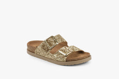 Siena II by LEON– Women’s Leather Sandal- Glitter Double Buckle Slip-on with Cushioned Footbed - Leon Footwear 