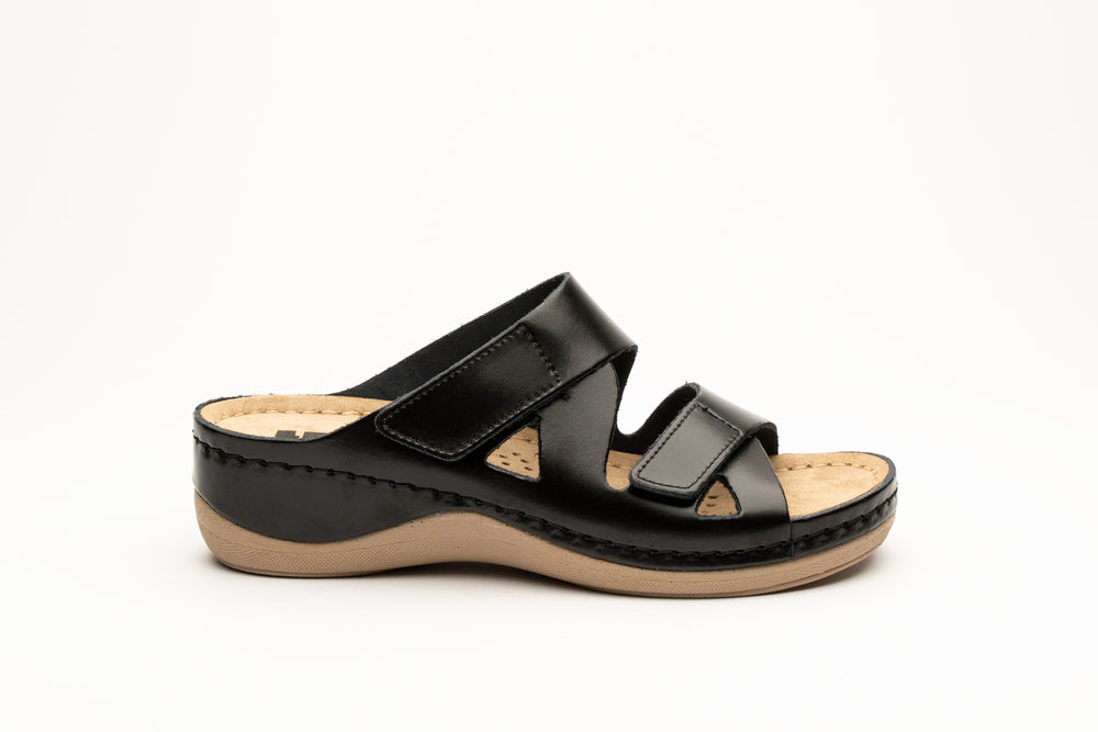 Laura by LEON– Women’s Leather Sandal- Comfort Slide Slip-on with Velcro Straps - Leon Footwear 