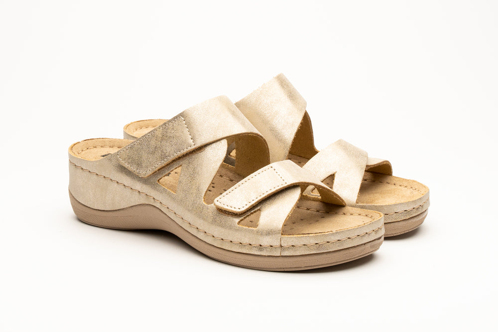 Laura by LEON– Women’s Leather Sandal- Comfort Slide Slip-on with Velcro Straps - Leon Footwear 