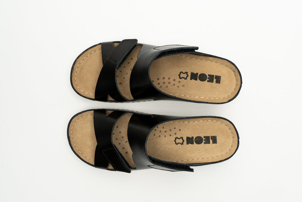 Laura by LEON– Women’s Leather Sandal- Comfort Slide Slip-on with Velcro Straps - Leon Footwear 